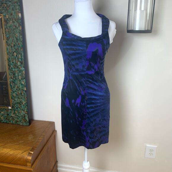Theory Size 2 Benja Watercolor Sheath Dress Blue Draped Cowl Neck Cocktail - Picture 3 of 10